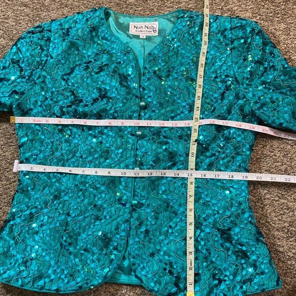 Vintage Nah Nah Collection Women’s Teal Sequin Emerald Turquíes Blazer Size 12 - Picture 4 of 12